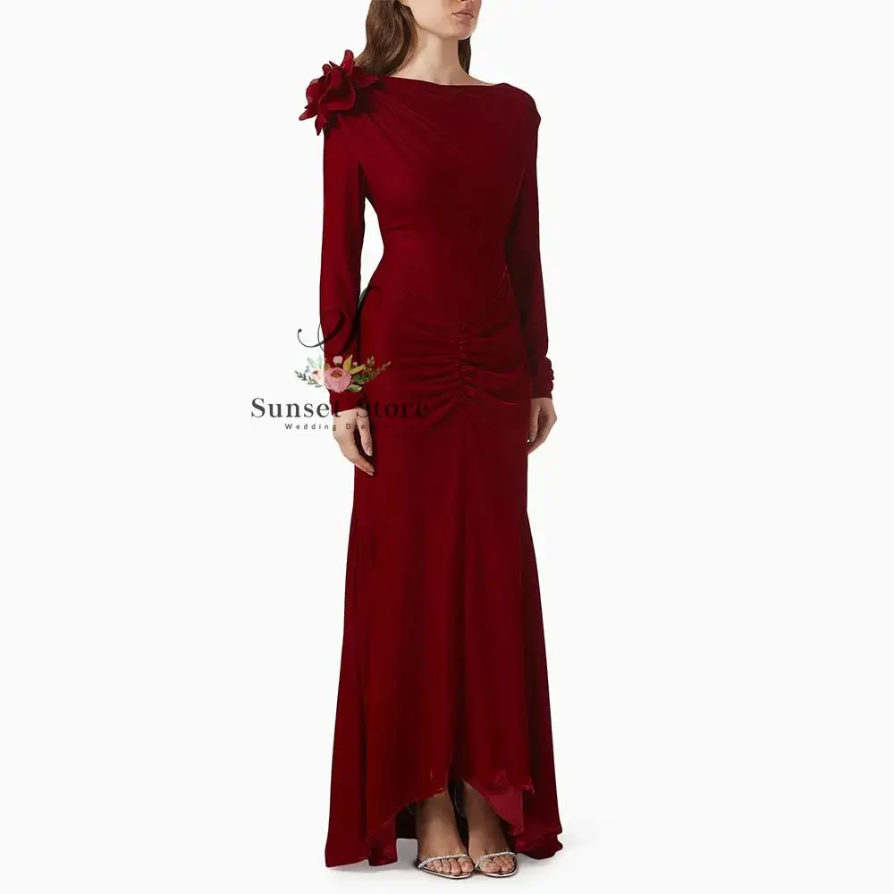 

Customized Burgundy Hand Made Flower Decosation Prom Gowns Customized Boat Neck Full Sleeves Pleat Straight Hi-Lo Dresses Evenig