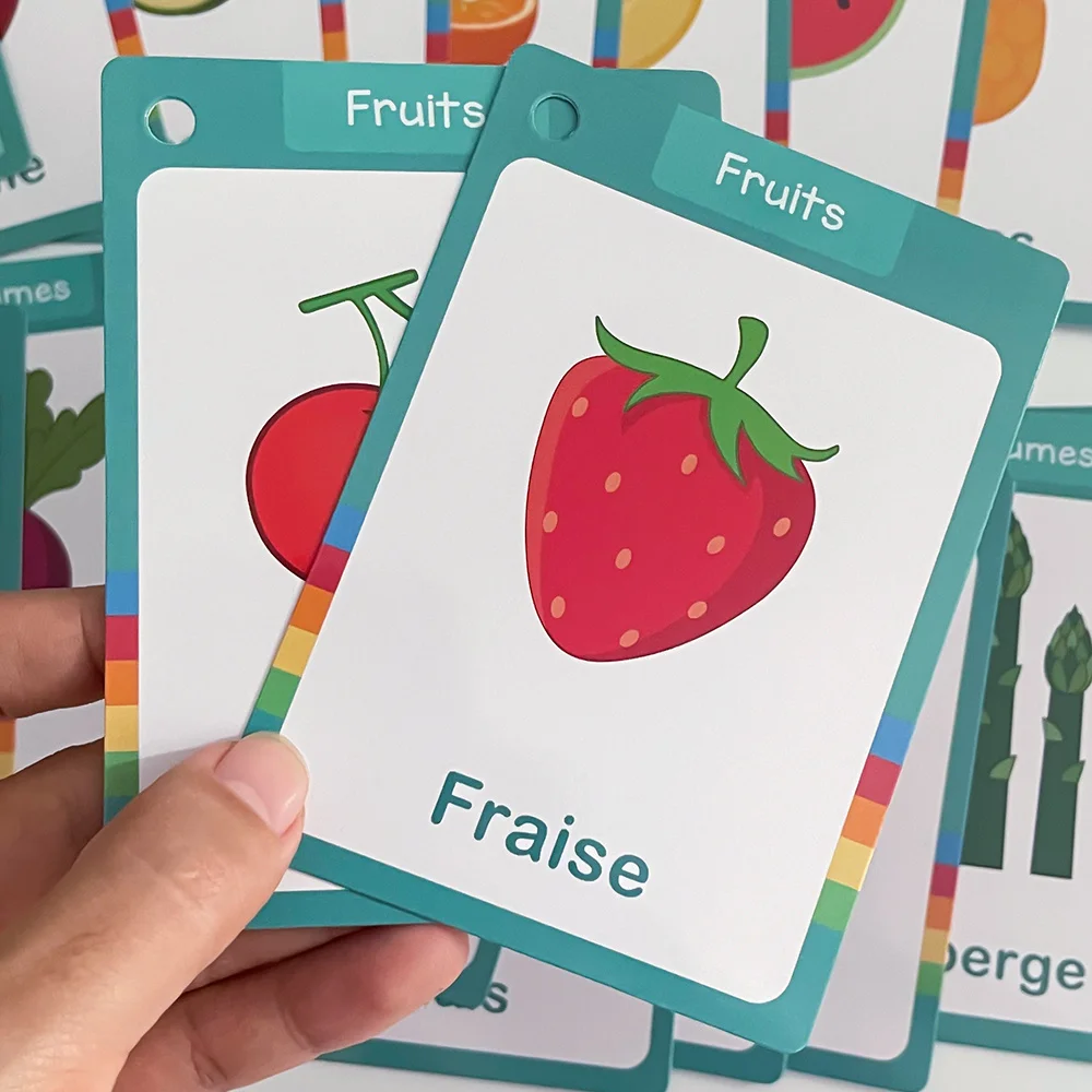 25 قطعة من بطاقات التعلم المفردات الفرنسية للفواكه والخضروات للمدرسة المنزلية بطاقات تعليمية مزدوجة الجانب للأطفال وسائل تعليمية #4