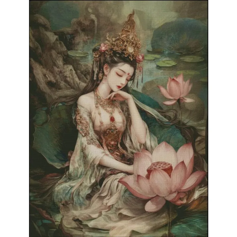 Lotus Beauty 14CT 16CT Printed On Canvas Cross Stitch DIY Set Chinese Pattern Kit Home Needlework Embroidery 145 Colors