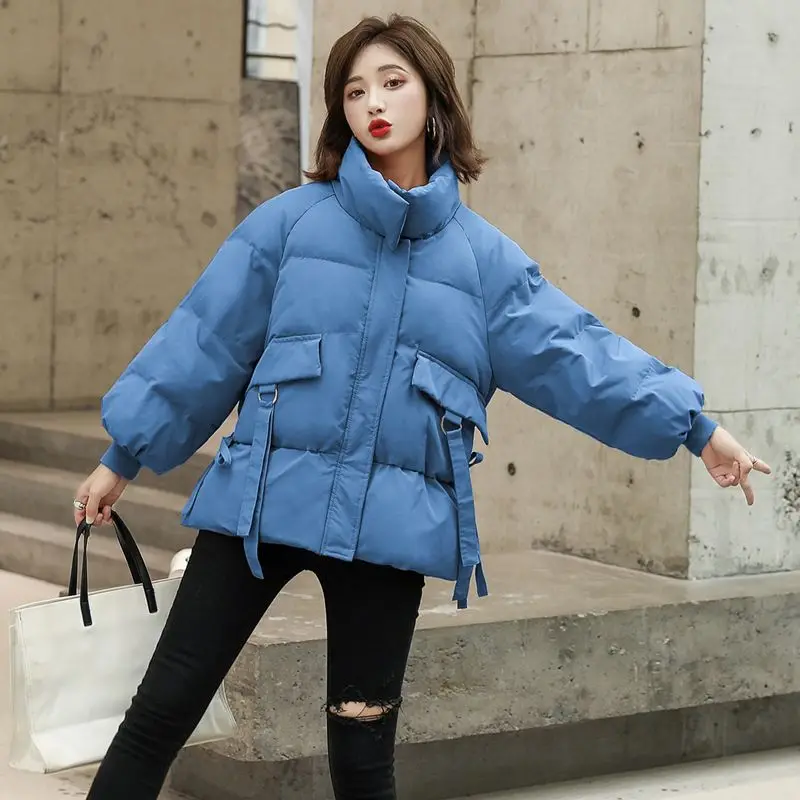 Women 2023 New Down Cotton-padded Jacket Short Korean Loose Ins Thick Bread Coat with Button Thread Fashion Pure Color