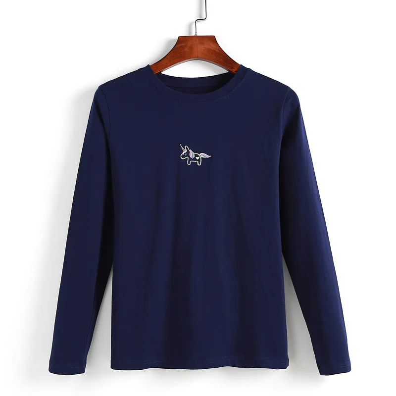 Dames T-shirt met lange mouwen, O-hals, katoen, casual borduurwerk, cartoon top, schattige T-shirts voor herfst, winter, Kawaii