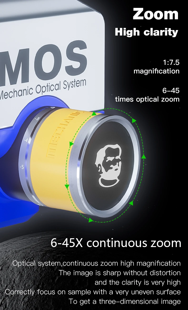 【MECHANIC】MOS300-B11 Trinocular Stereo Microscope Metal Body 6-45X Zoom HD Optical Lens for Biological Observation Electronics