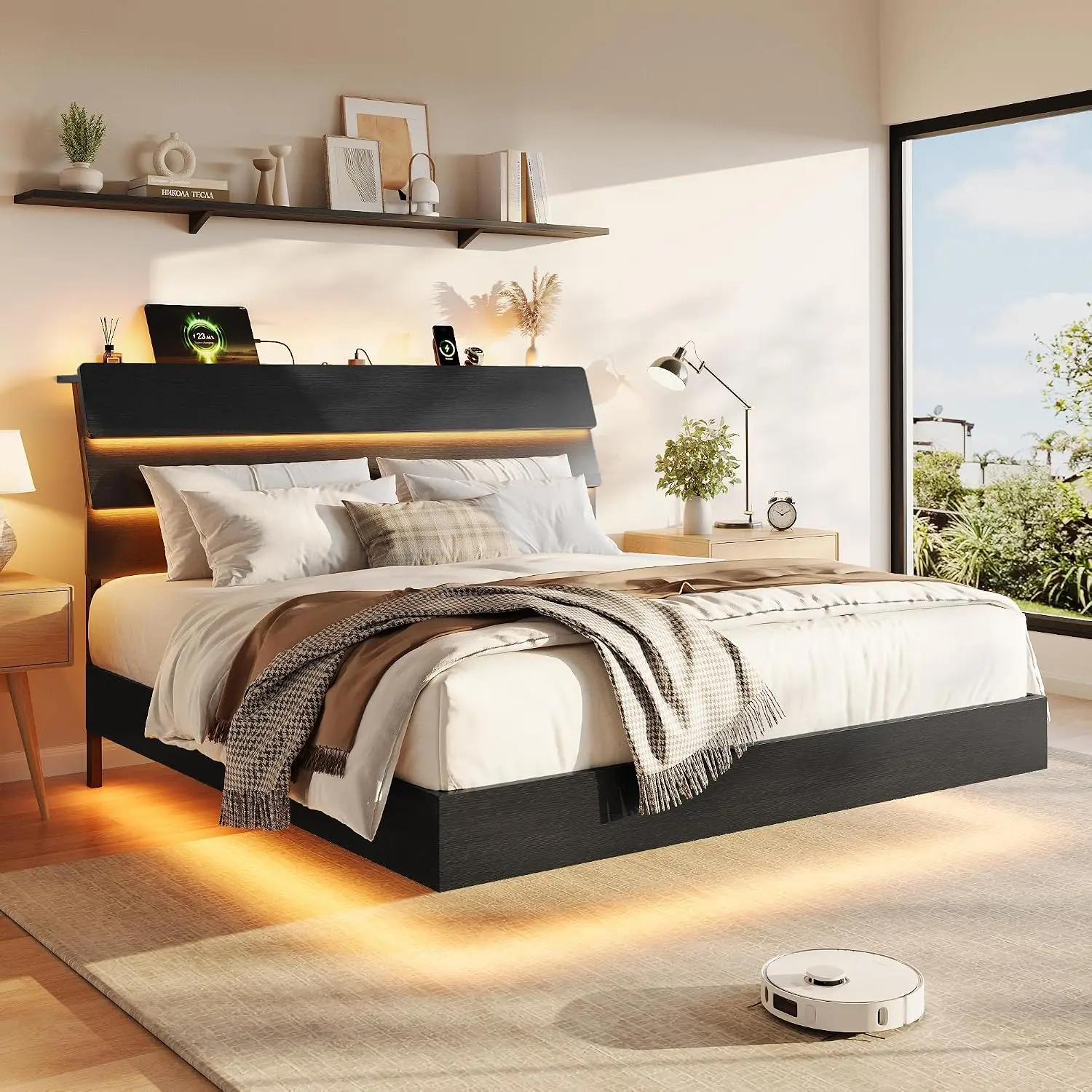Queen Floating Bed Frame with LED Lights, Wood Platform Bed with Storage Headboard & Charging Station, Metal, Customized