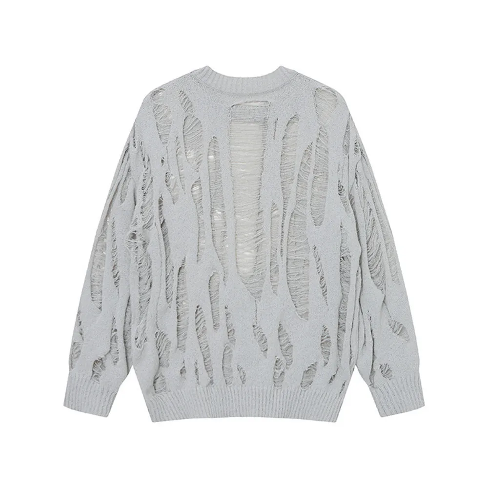 Trendy merk luie stijl licht transparante gebreide trui met lange mouwen, gescheurde gaten en losse trui met haakbloemen