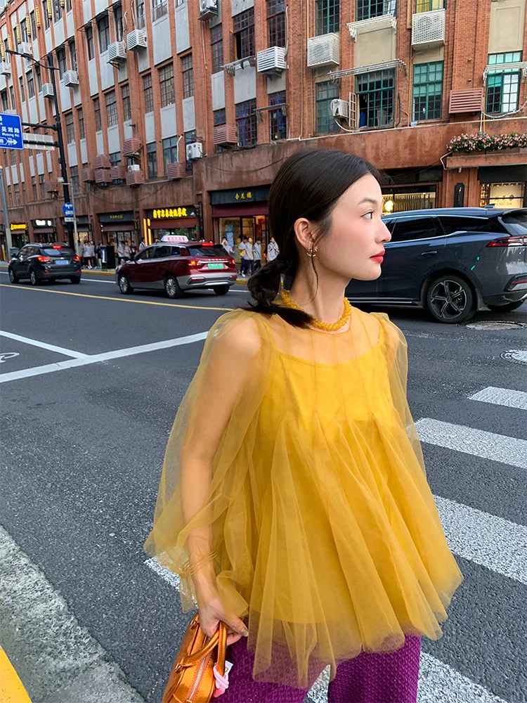 

Unique Ultra Beautiful Mesh Top Women's Ginger Yellow Design Sensation Small Two-Piece Set Sleeveless T-Shirt Casual Style Lo...