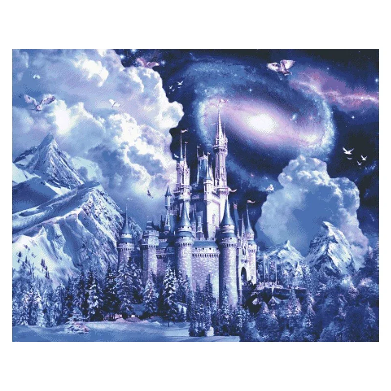 

Amishop Top Quality Beautiful Counted Cross Stitch Kit Blue Castle And The Owl Birds Snow Mountain Forest Milky Way