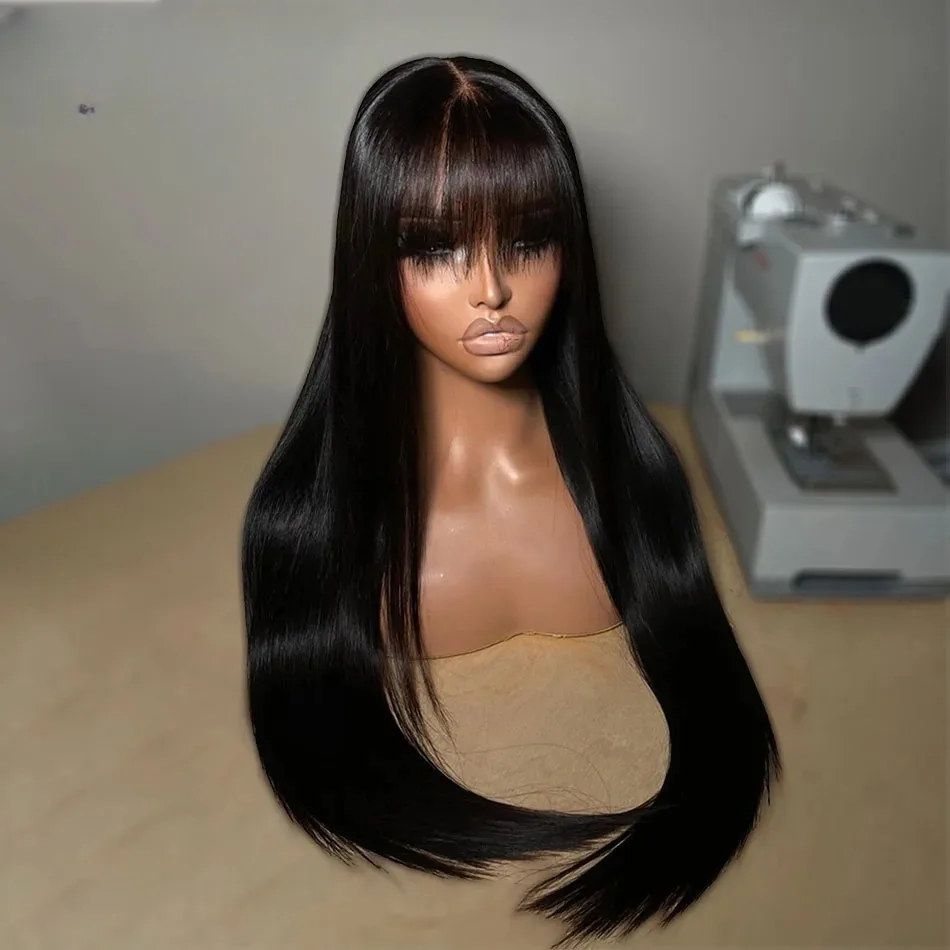 200% 30 32 Inch 13X4 HD Bone Straight Lace Front Wig With Bangs Natural Color Transparent Synthetic And Blend Pre Plucked Daily