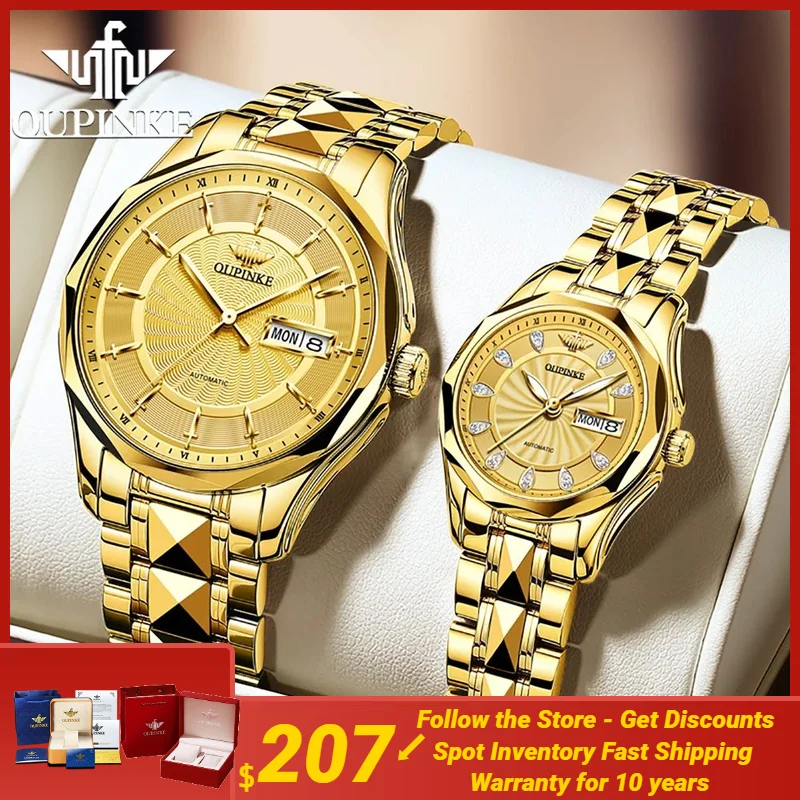 

OUPINKE Japan Movement Mechanical Couple Watch For Men Women Swiss Certification Diamond Tungsten Steel Automatic Couple Watches