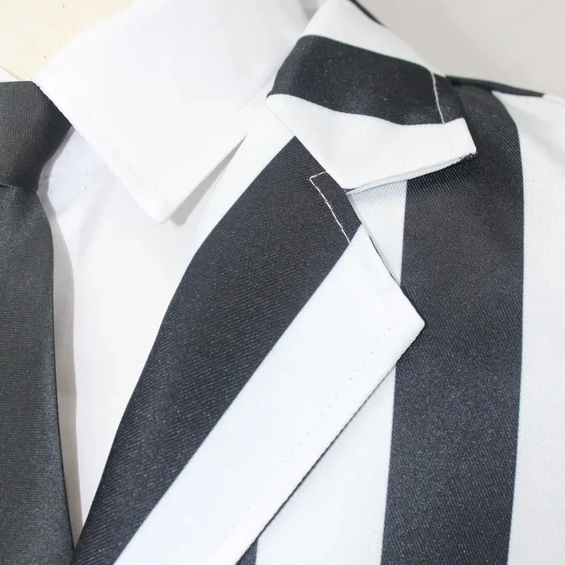 بدلة مخططة باللونين الأبيض والأسود للرجال من أنيمي بيتل جوسي، أزياء الهالوين المخيفة، قميص ربطة عنق للحفلات التنكرية