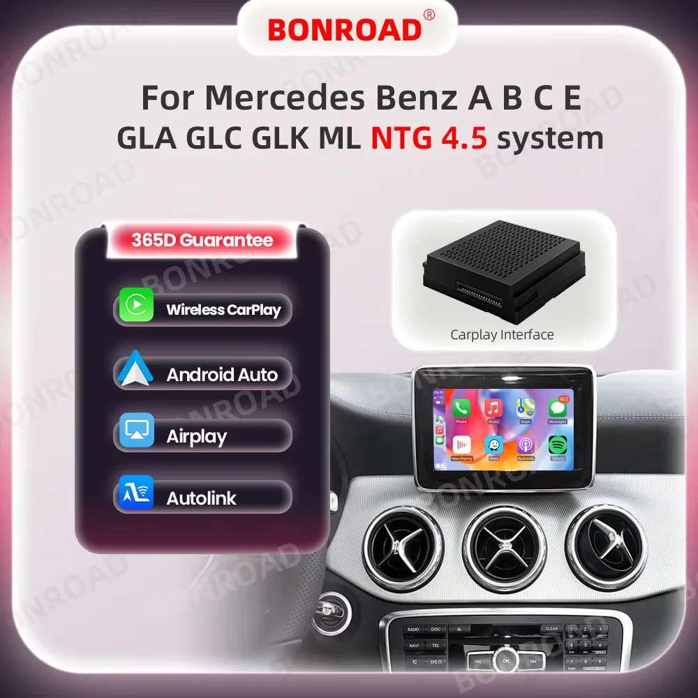 BONROAD Wireless CarPlay Android Auto Interface Box For Mercedes-Benz A B C E CLA GLA GLK CLS ML W176 W204 W212 NTG4.5 Support Wireless AirPlay Mirror Link Bluetooth GPS Upgrade Decoding Adapter