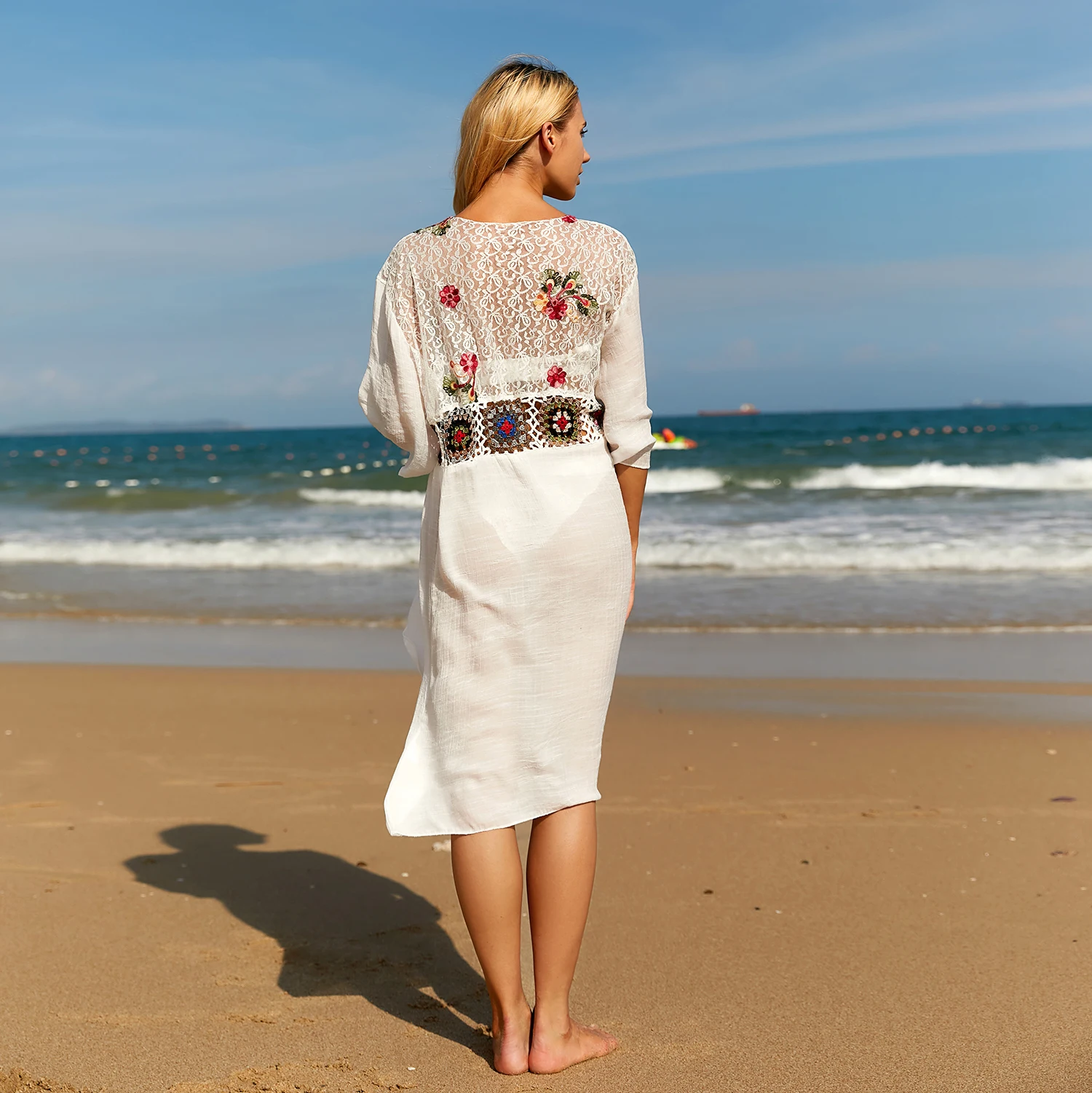 Frauen Blumen Stickerei Kimono Strand Cover Ups Langes Kleid Spitze Häkeln Patchwork Strickjacke Spitze-up Beachwear Sommerkleid