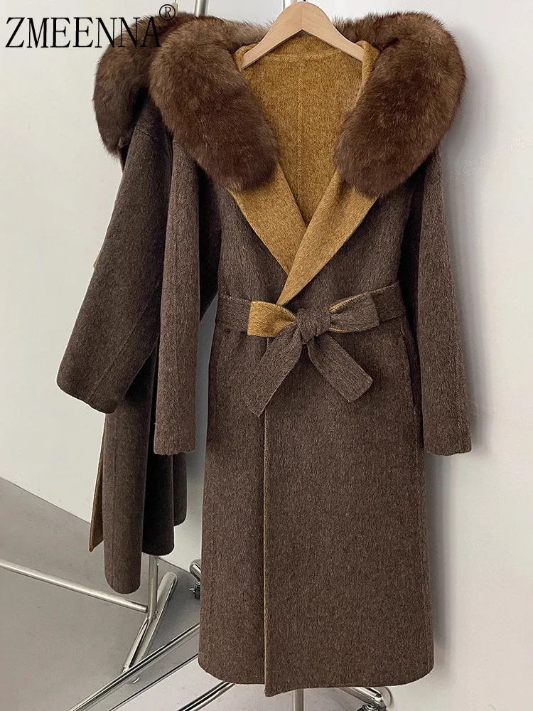 

ZMEENNA Long Reversible Wool Blend Coat For Women With Faux Fur Hood Stylish And Warm Winter Outerwear Tie Belt ZM4092