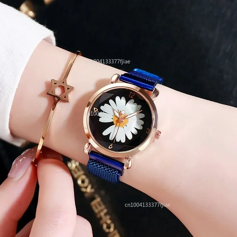 Elegant Little Daisies Flower Ladies Watch Women  Casual Stainless Steel Mesh Strap Watches Luxury Rose Gold Woman Clock