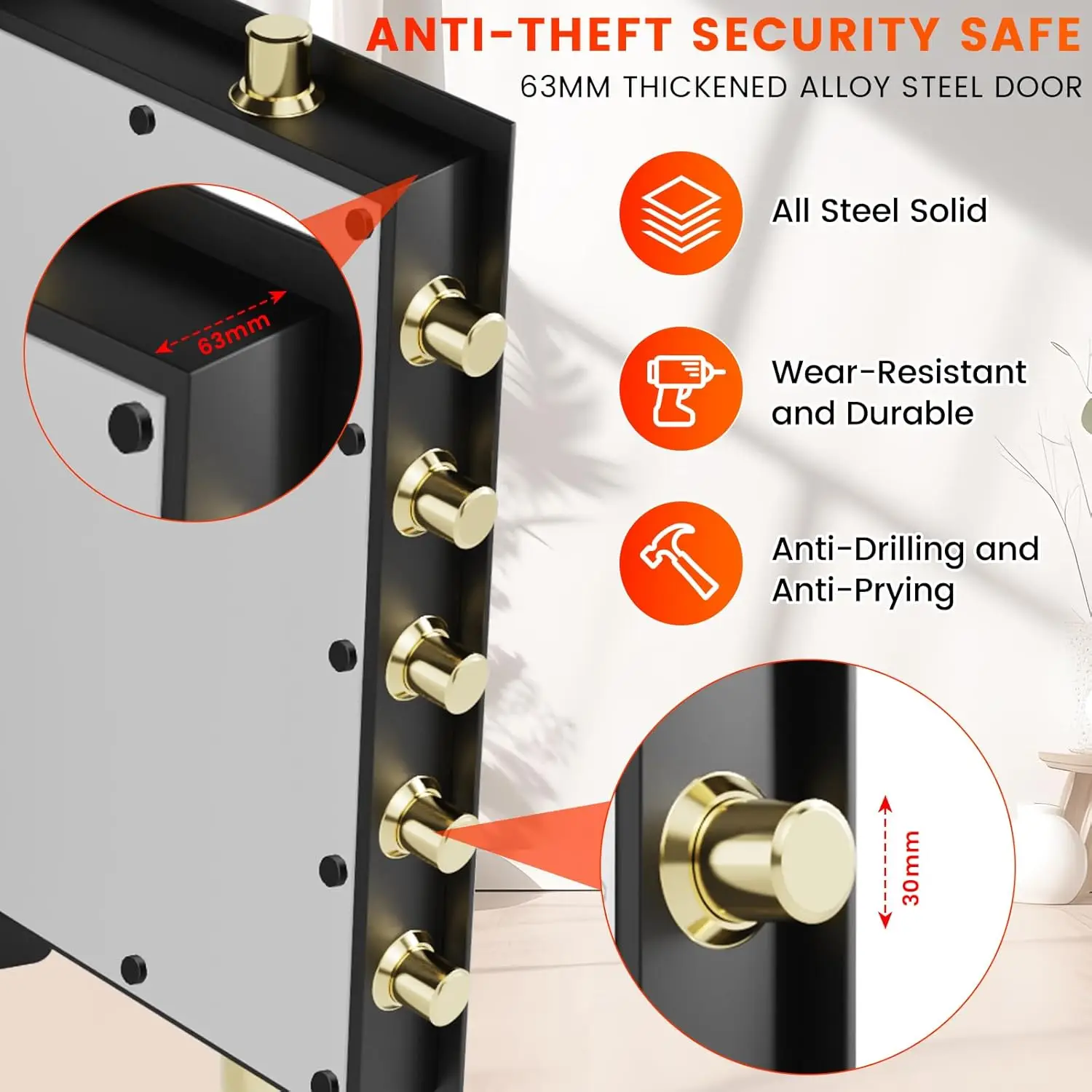 صندوق أمان فولاذي عالي التحمل مقاوم للحريق ومقاوم للماء مع حقيبة مقاومة للحريق، قفل مجمع وخزانة داخلية، خزائن مقاومة للحريق