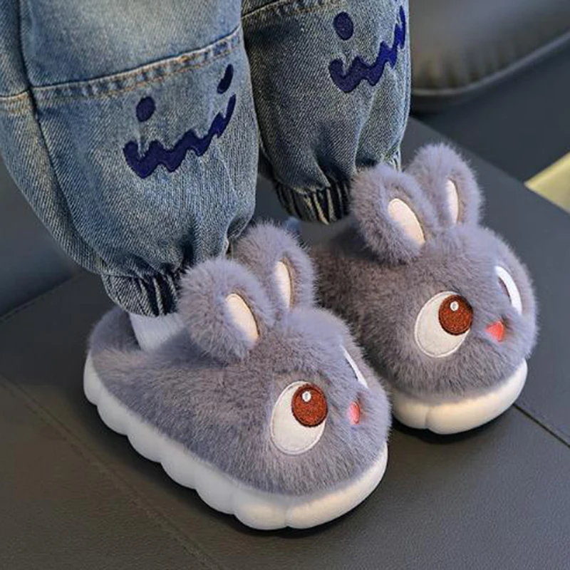 

Fluffy Fur Cartoon Rabbit Cute Indoor Slippers Children 2025 Winter Warm Plush Non Slip Thick Bottom Slippers Girl's Home Slides