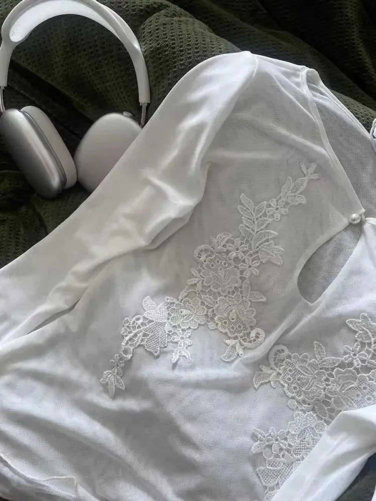 Yedinas 花柄メッシュトップス長袖 Tシャツ女性服ストリートスリム春秋トップス韓国ファッション Tシャツ Tシャツ Y2k