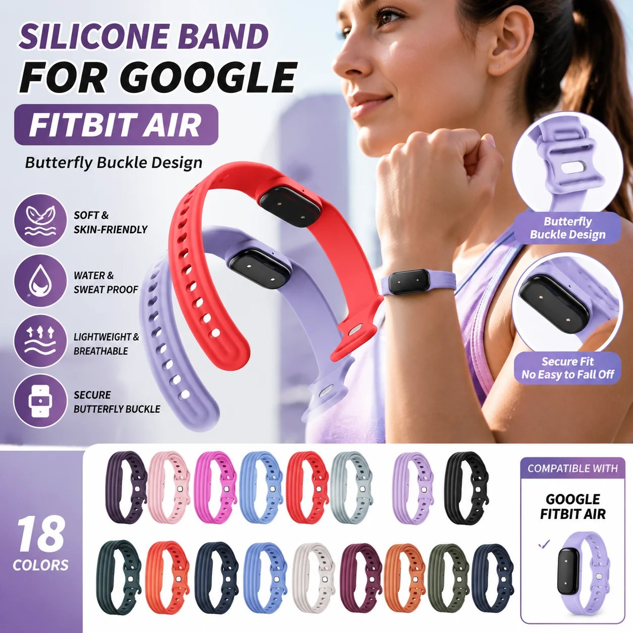 Silicone Band for Google Fitbit Air Replacement Bracelet Watch Soft Skin-Friendly Waterproof Butterfly Buckle Sport Wrist Strap