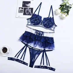 Feather beautiful back underwear Lace Eyelash Splicing Sexy Lingerie Body Sculpting Stitching Bralette panty four-piece set