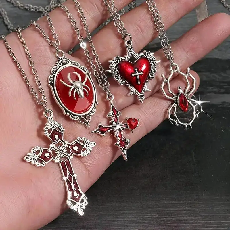 5Pcs Gothic Necklace Set for Women Heart Bat Cross Pendant Jewelry Trendy Choker for Birthday Gifts and Celebrations