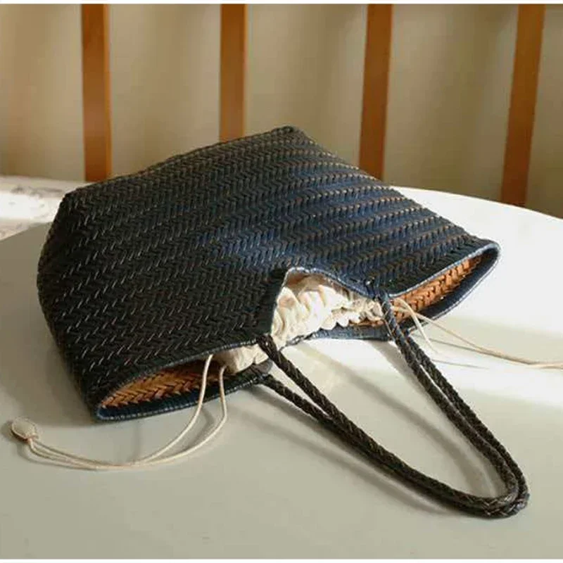 Rattan-Geflecht-Shopper-Korb-Tragetasche für Damen, französische Vintage-Handgewebte Schultertasche, große Strand- und Urlaubshandtasche – Detail 4
