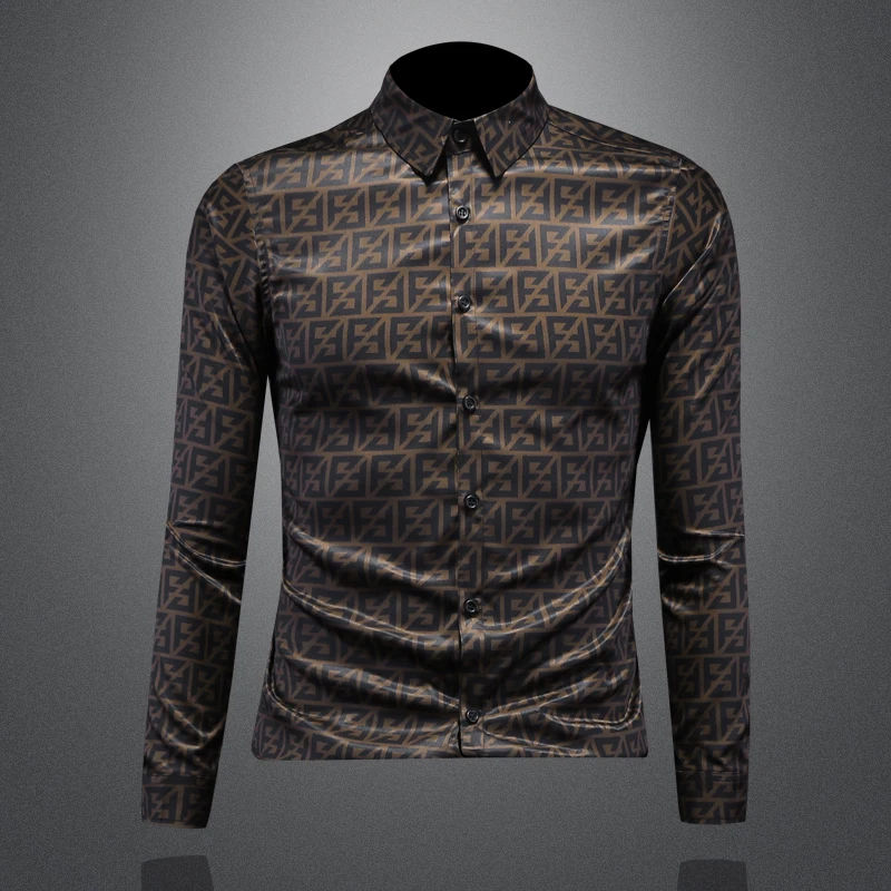 

Slim Fit Long Sleeve Letter Print Shirt Men's Fashionable Spring New Light Luxury Handsome Checkered Fabric Youth Popular Dai...