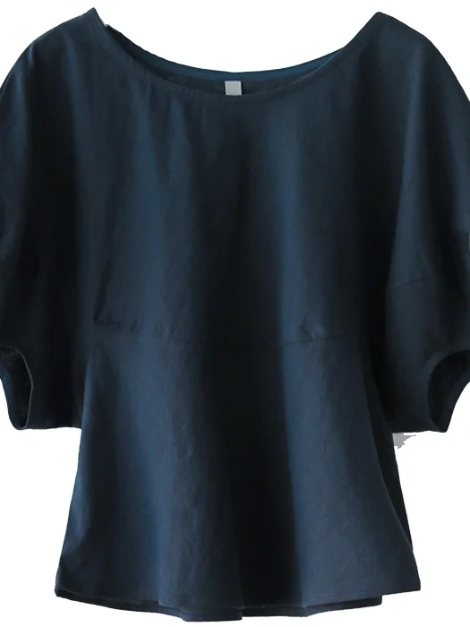 Cseta Fena de Aodão e Linho com Manga Curta Estilo Solto Manga Bufante Gola Redonda Cor Pura Verão Nova Chegada