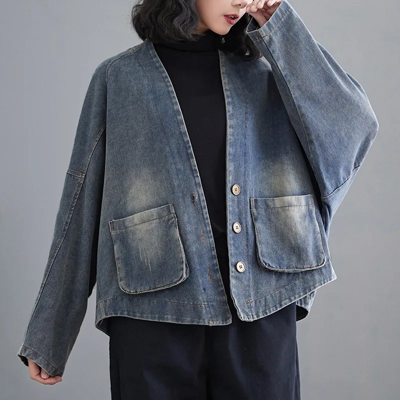 

SuperAen 2024 Spring V Neck Collar 3D Pocket Coat Women's Short Loose New Korean Style Retro Jacket Coat