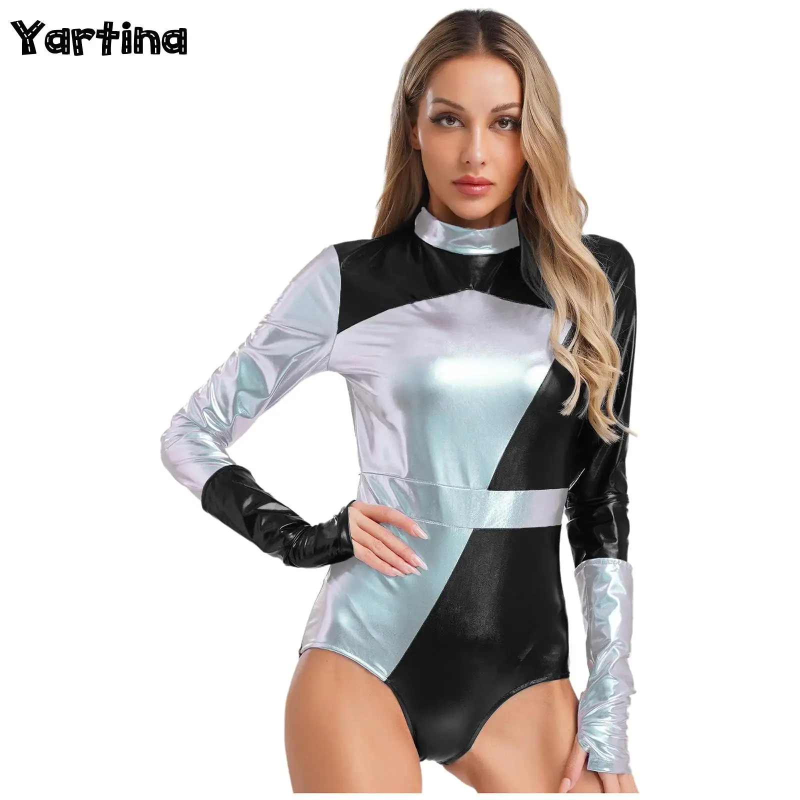 

Женский блестящий металлический гимнастический балетный трикотаж, костюм, художественный комбинезон, топы для танцев, комбинезон с рукавами