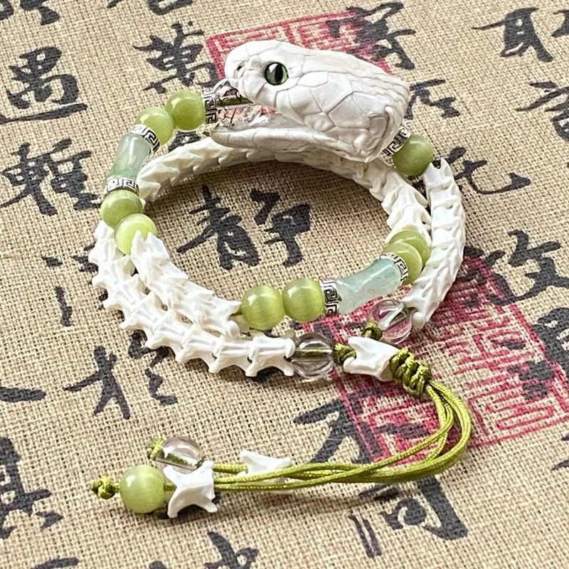 Handmade Snake Bone Beaded Bracelet Pink Green Crystal Adjustable Wristband with Snake Head Gothic Fashion Jewelry for Women Men
