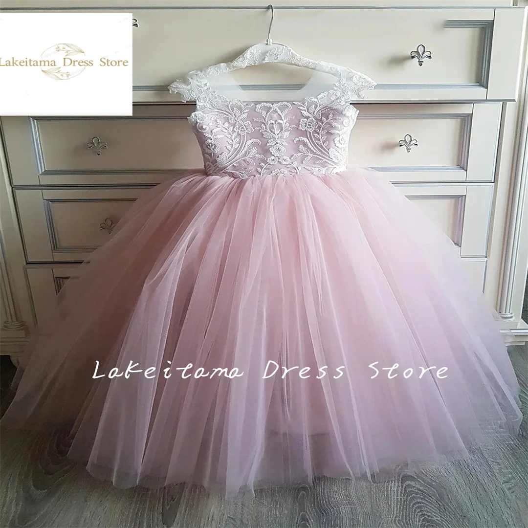 Princess Flower Girl Dress For Wedding Pink Applique Tulle Sleeveless With Pearls Kids Birthday Party Evening Ball Gown