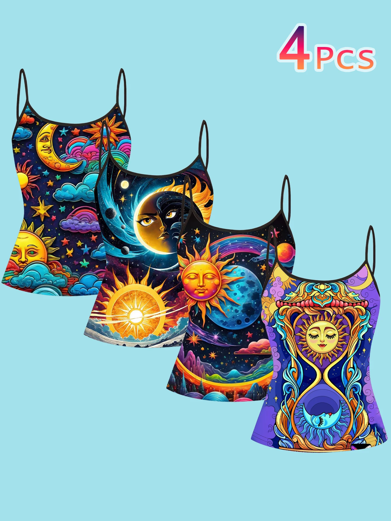 4-Piece Set of Women's Bohemian Sun and Moon Face Print Camisoles, Vintage Starry Sky and Starburst Slim-Fit Spaghetti Strap Inner Tops