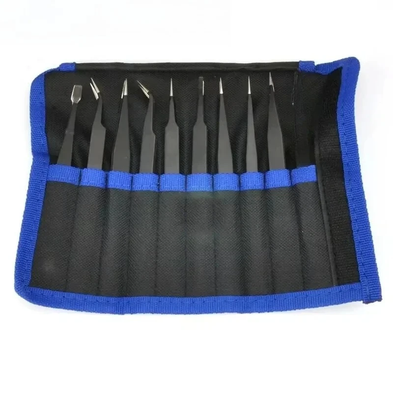 9pcs Stainless Steel Precision Antistatic Electrostatic Tweezers Set Maintenance Tools Professional Electronic Tweezers 10pcs