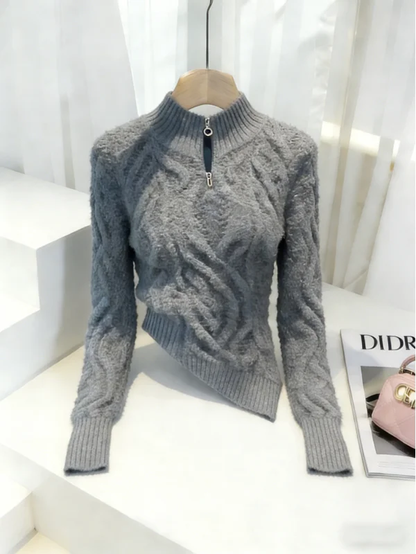 

Ele Pink Zipper Hollow Ne Sweater Spring Sle Asymmetrical Slimming Twist Knitted Top French Sle Long Sve Knitwear