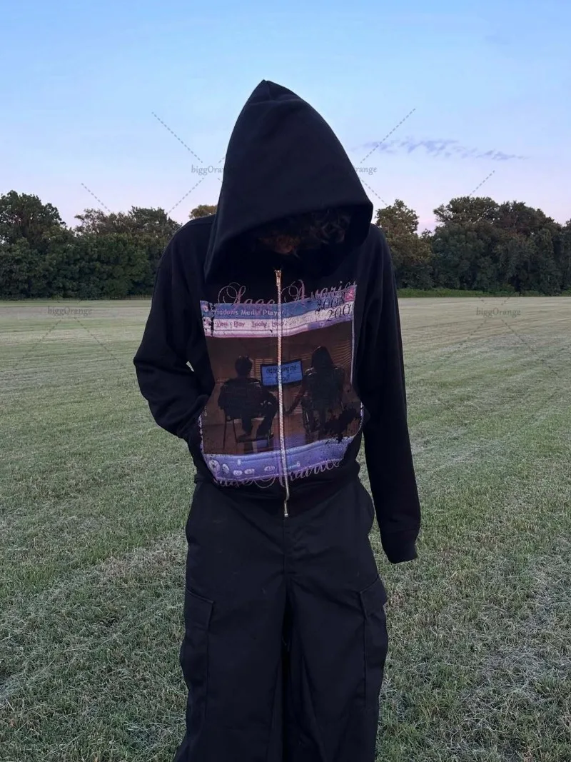New Gothic Harajuku Retro Zipper Hoodie Men Hip-hop Punk Oversized Sweatshir Trendy Brand High Street Casual Loose Streetwear