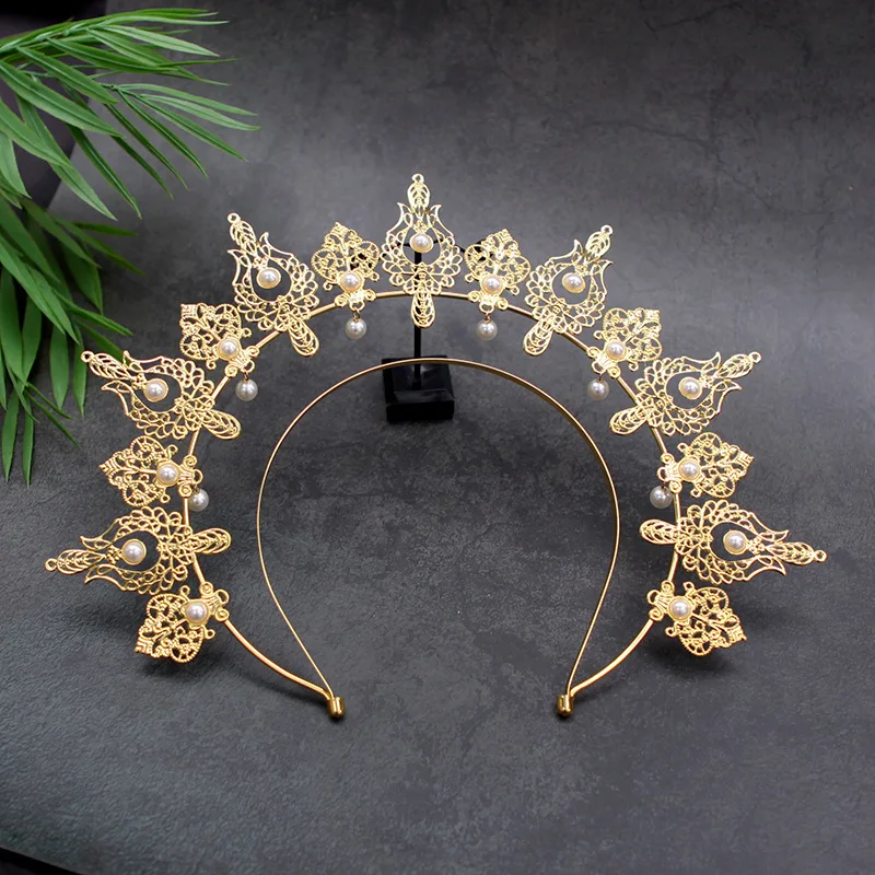 Vintage Lolita Jewelry Accessories Embossed Halo Crown Pearl Beaded Chain Headband Metal Tiara