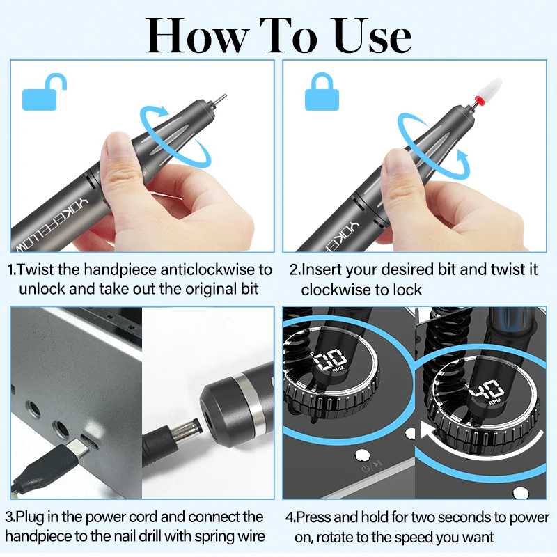 Máquina elétrica de unhas 40000rpm, kit de lixa de unhas profissional, baixa vibração com função de memória para polimento de unhas acrílicas