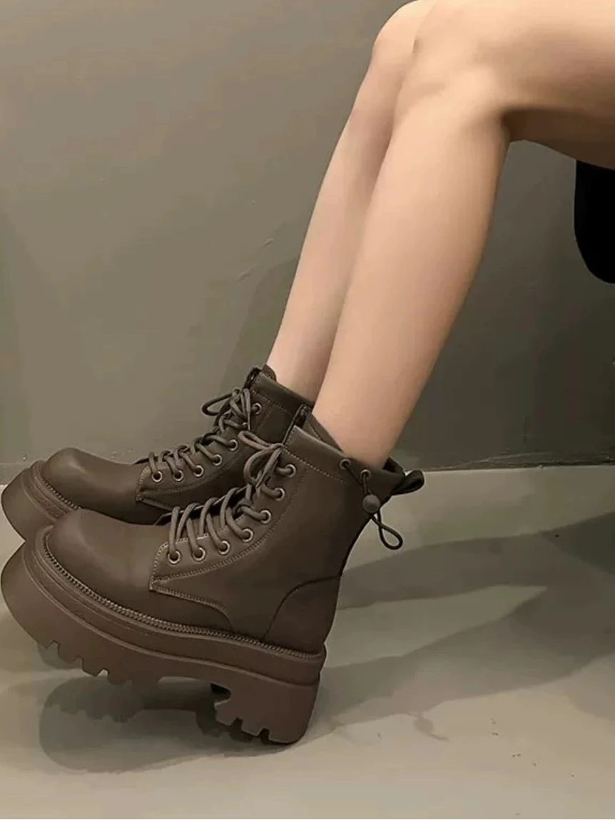

British Style Women's Boots Thick Bottom Short Boots Heightening Shoes PU Material Warm round Toe Rubber Outsole
