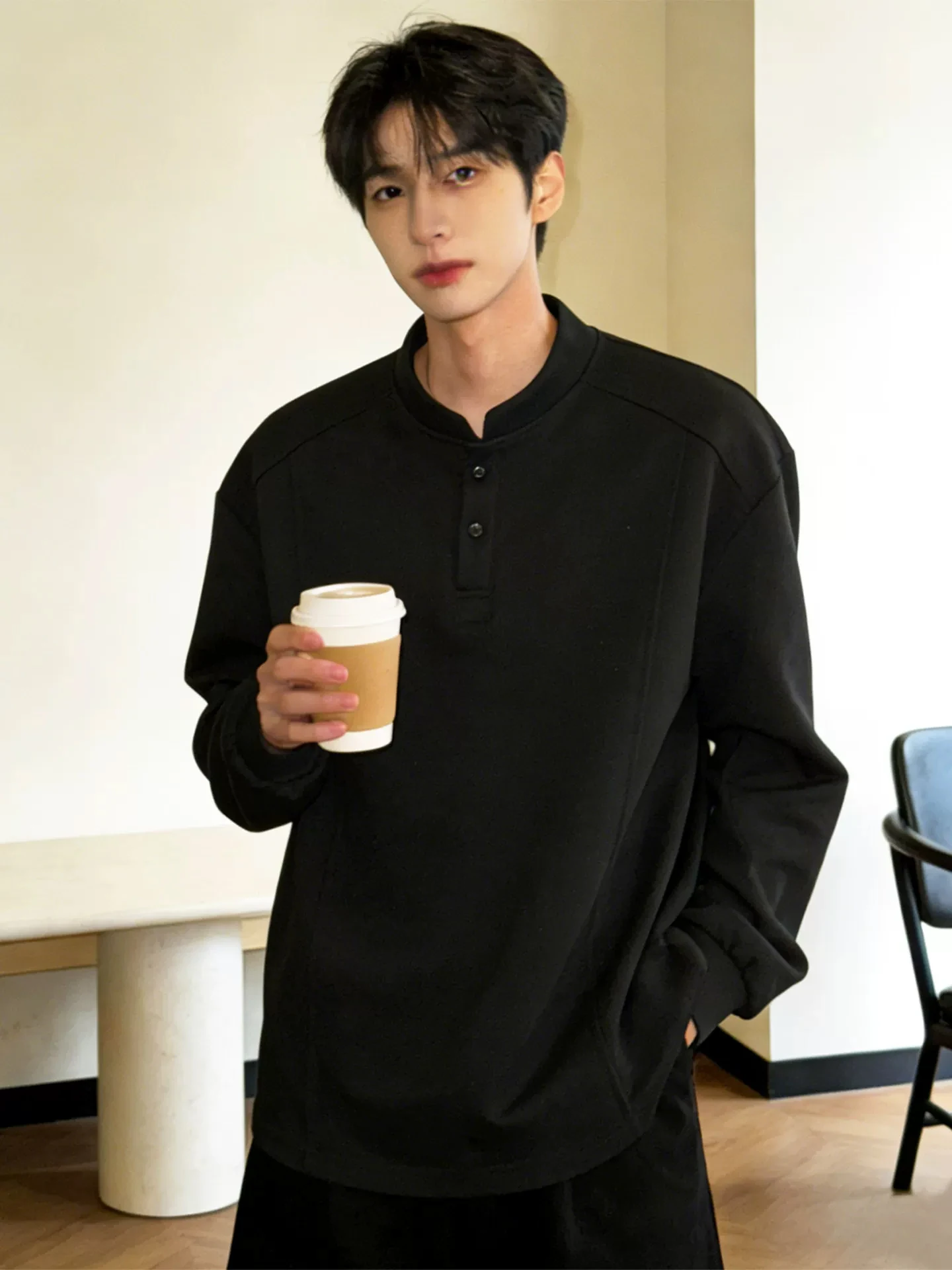 

Bla Cleanfit Henry Collar Long Sve T-irt Men's Winter American Retro Sweatirt Base Layer irt Comfortable Cotton Po...