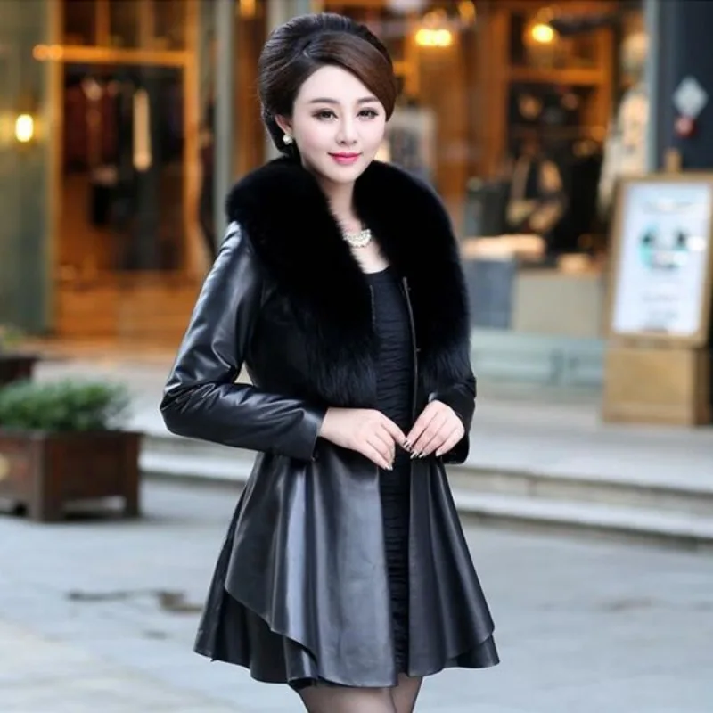 Leather Jacket Women PU Leather Coat Mid-length Jacket Large Fur Collar Plus Cotton Autumn Winter Warm Leather Coat Black Red