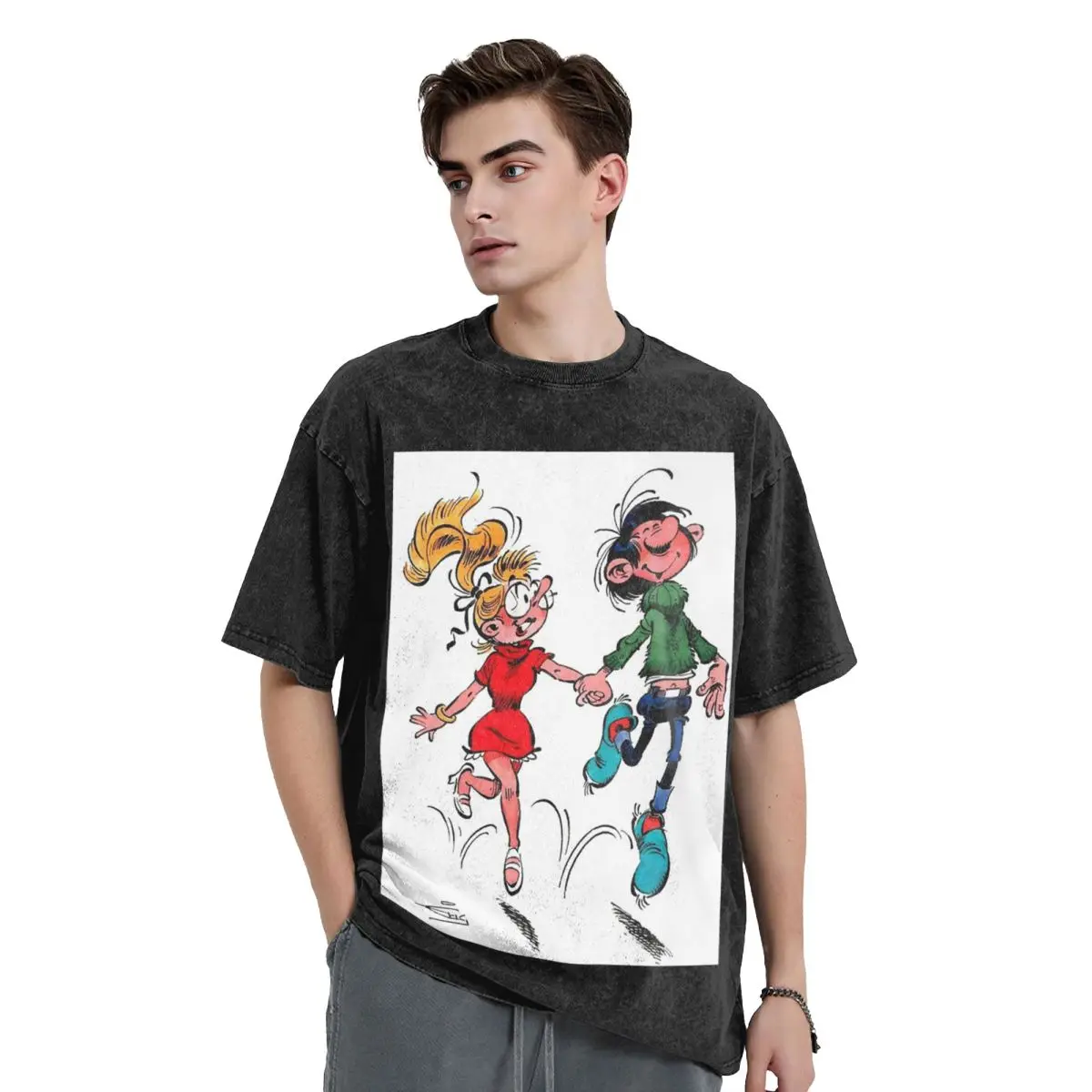 Gaston Lagaffe Washed T Shirts Vintage Short Sleeve Hip Hop T-Shirt Streetwear Tops Tees for Men Women