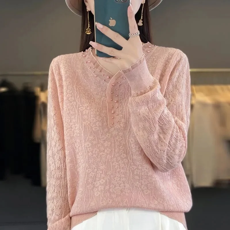 

Women Knitwear Lace Edge Nail Beads Design Pullover Sweater 2025 New Spring Autumn Winter Knitted Top Female Bottoming Shirt