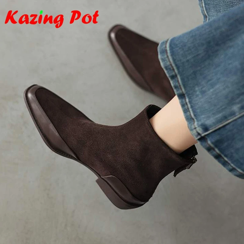 Krazing Pot New Vintage Cow Suede Square Toe Med Heels Chelsea Boots Keep Warm Winter Shoes Brand Patch Work Concise Ankle Boots