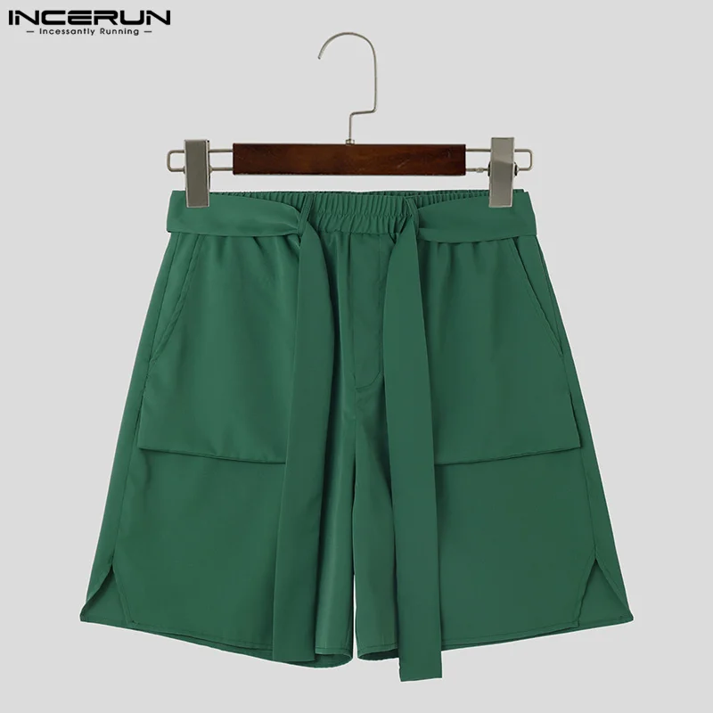 INCERUN 2024 Korean Style Shorts New Men\'s Ribbon Design Straight Leg Shorts Casual Streetwear Male Wide Leg Cargo Shorts S-5XL