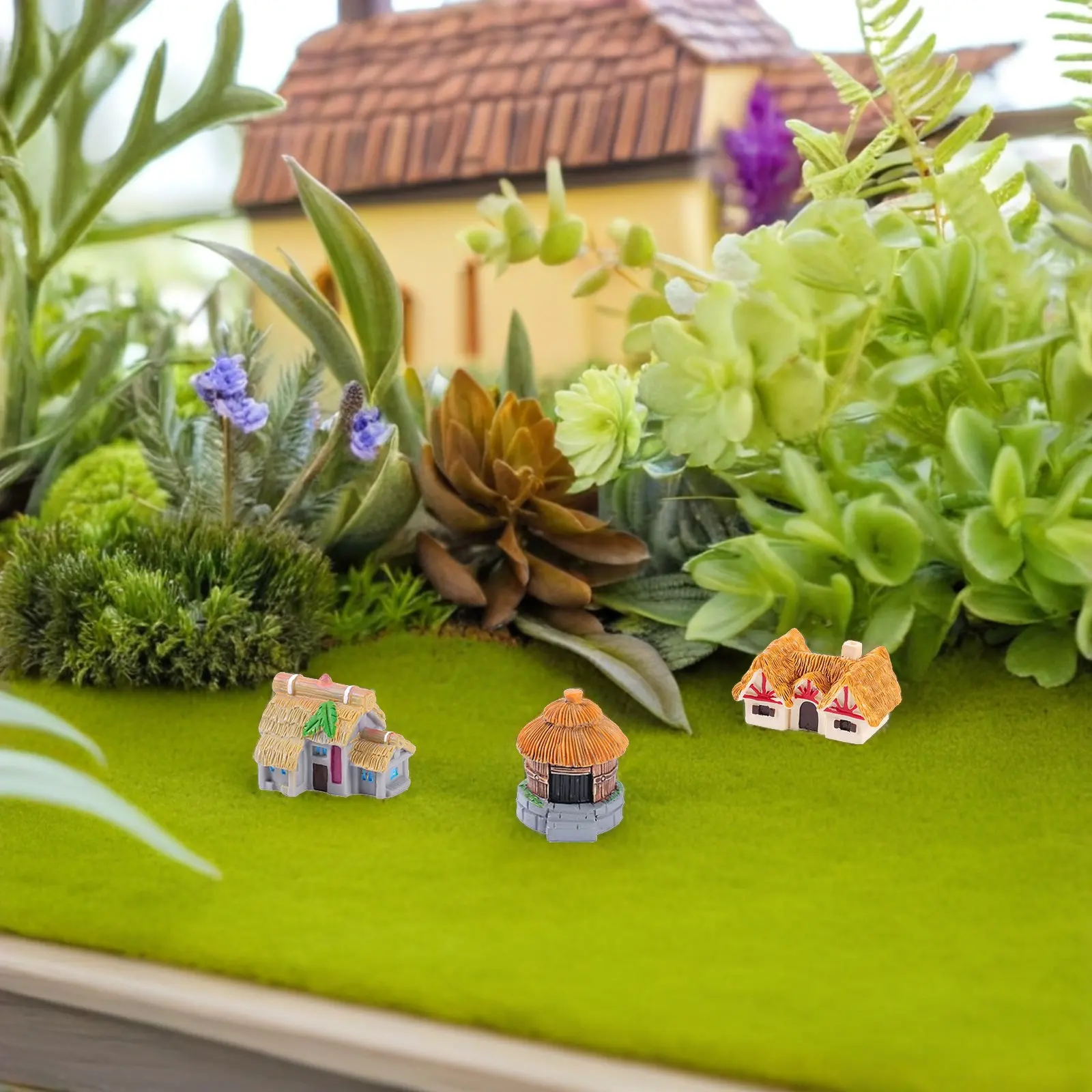 3Pcs Miniature Thatched Roof House Rustic Decor Resin Craft Tiny Cottage Tabletop Garden Accessories Landscape Ornament
