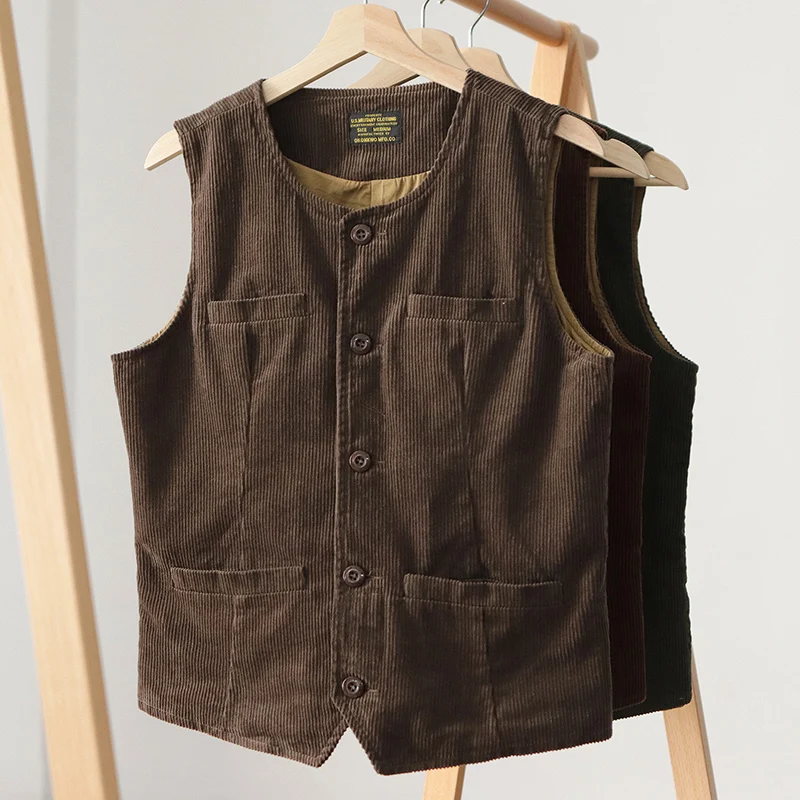 Autumn Winter American Retro Heavyweight Multi-pocket Slim Corduroy Vest Men's Fashion 100% Cotton Washed Casual Cargo Waistcoat