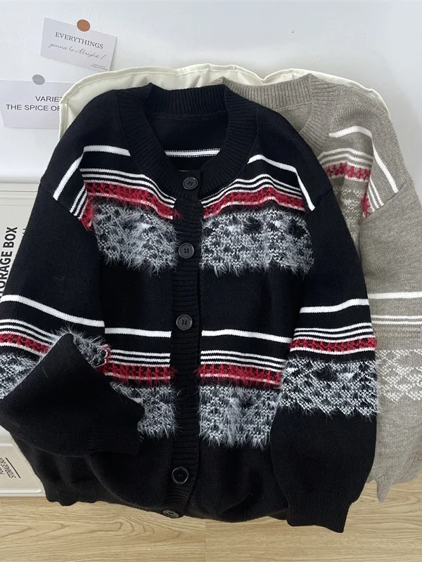 

American Color Blo Knitwear Cardigan Men Women Sle Autumn Thiened Knitted Sweater College Sle round Ne Casual Jaet