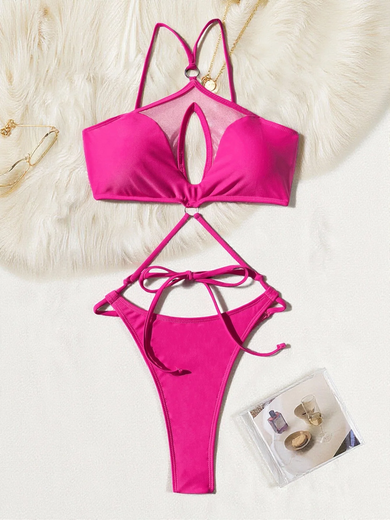 

Сексуальные розово-красные купальники, цельные купальники из сетки с вырезами, бикини с кольцами и бандажными элементами, купальные костюмы, боди, женские бикини, купальники-танкини