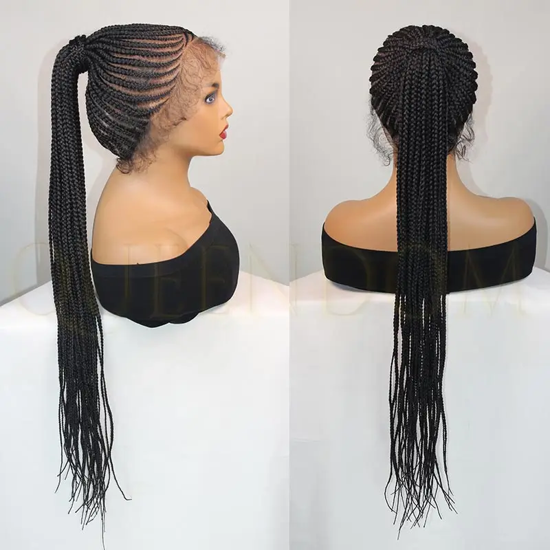 Wig Rambut Sintetis 30" Full Lace Frontal dengan Kuncir Kuda Tinggi untuk Wanita Kulit Hitam, Tanpa Simpul, Model Kepang Kotak, Garis Rambut Alami, Faux Locs
