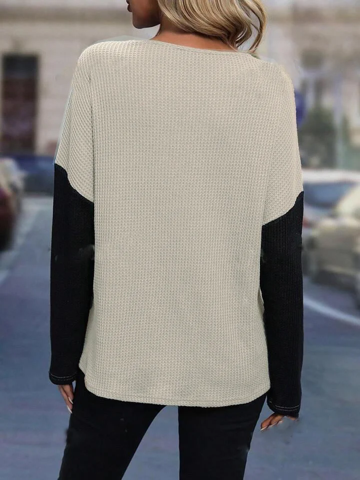 Lace Splicing Color Block T-Shirt Elegant Crew Neck Long Sleeve Loose T-Shirt For Spring & Fall  Women's Clothing