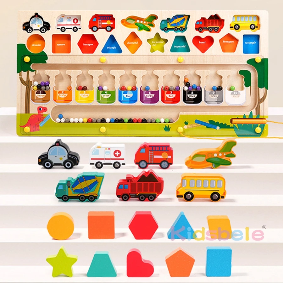 3 in 1 Montessori Toys For Kids Magnetic Educational Color & Number Maze Shape & Vehicle Wooden Puzzle Sorting Toys For Toddlers